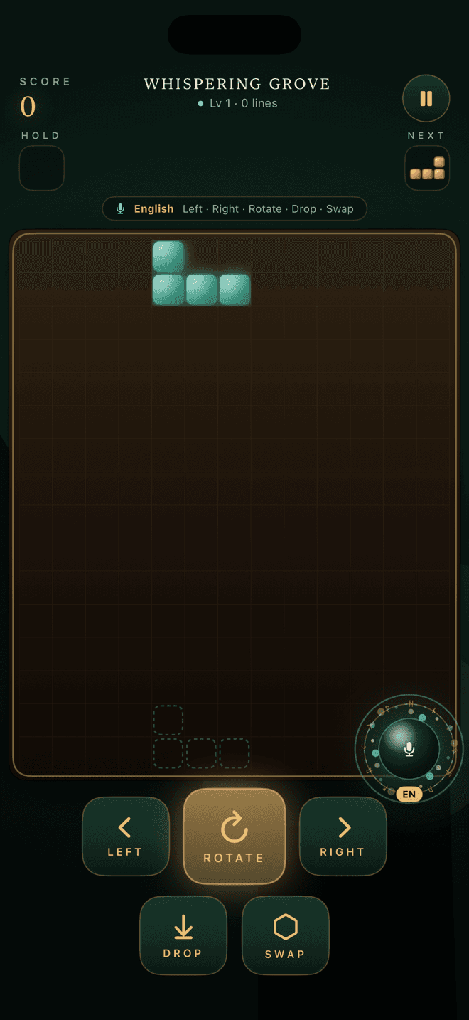 RuneDrop gameplay with glowing rune blocks, score and voice command bar