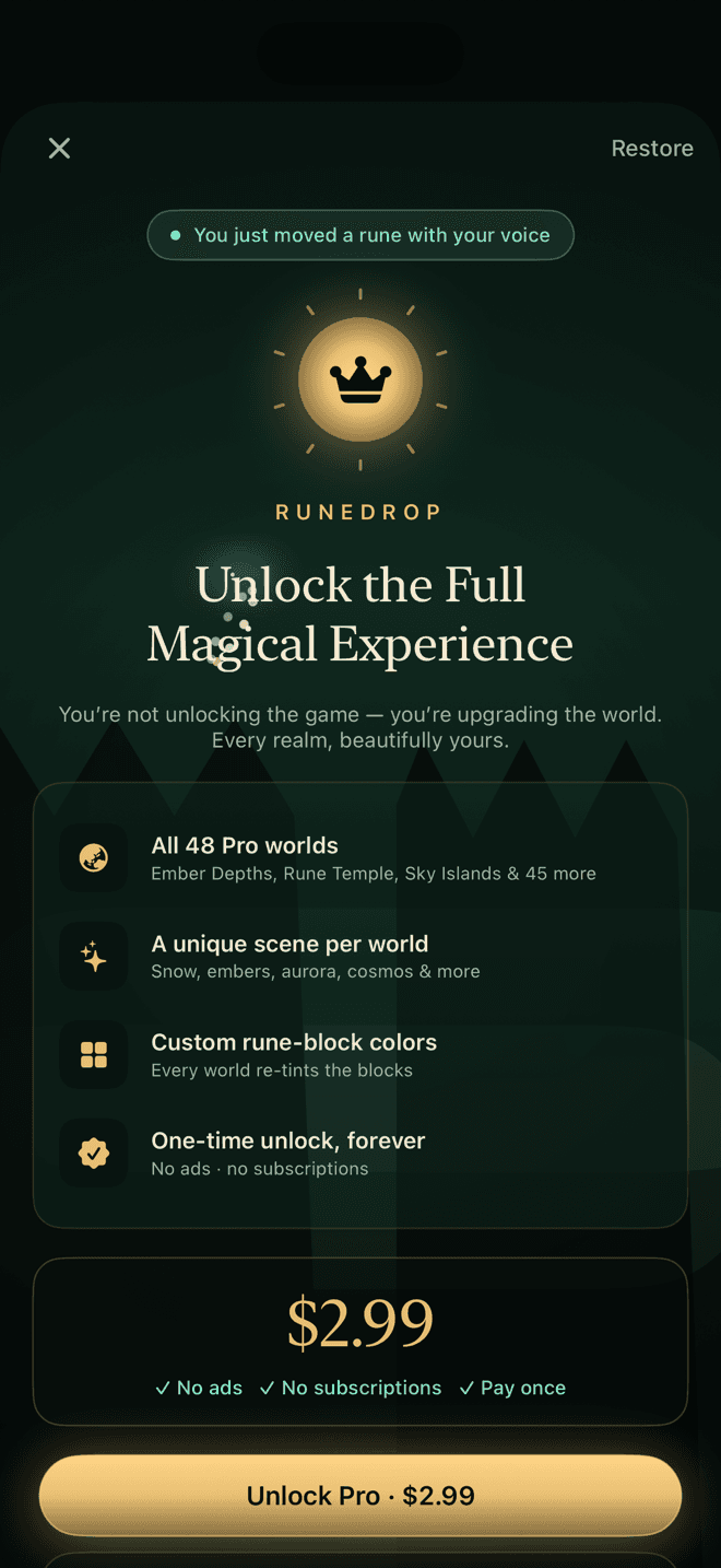 RuneDrop Pro one-time unlock screen
