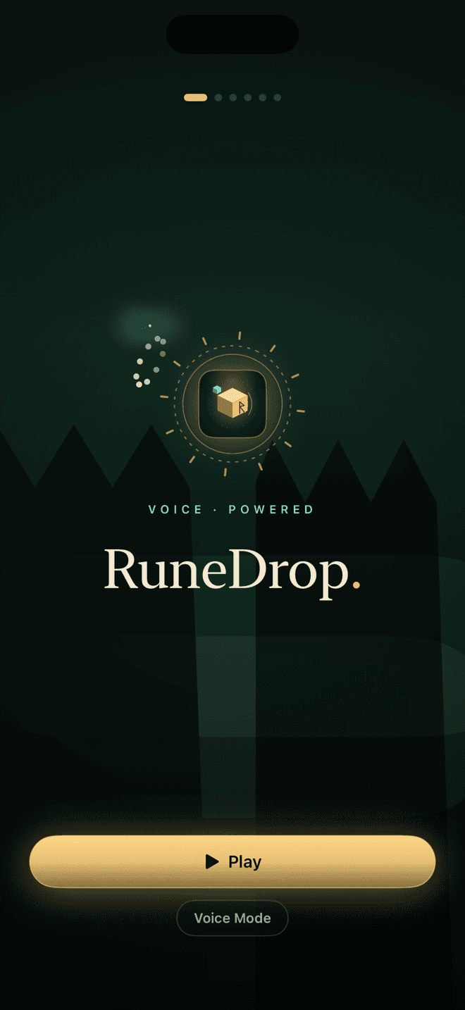 RuneDrop choose-how-to-play onboarding with Touch, Voice and Both