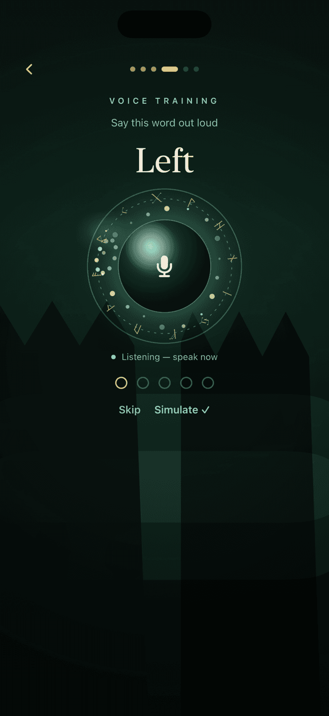 RuneDrop voice training screen with spoken commands